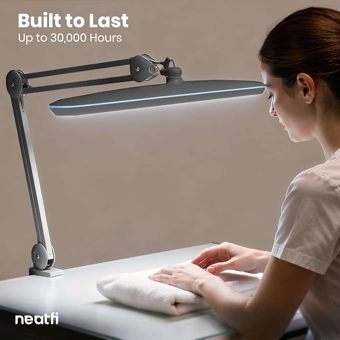 Neatfi XL 2,200 Lumens 24W LED Desk Lamp – 23” Wide Shade | Dimmable Eye-Caring Task Light | Adjustable Arm | Home Office, Study, Crafts & Nail Tech (Silver, Non-CCT with Clamp)