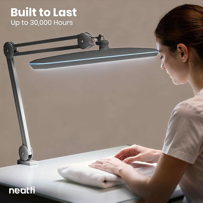 Neatfi XL 2,200 Lumens 24W LED Desk Lamp – 23” Wide Shade | Dimmable Eye-Caring Task Light | Adjustable Arm | Home Office, Study, Crafts & Nail Tech (Silver, Non-CCT with Clamp)