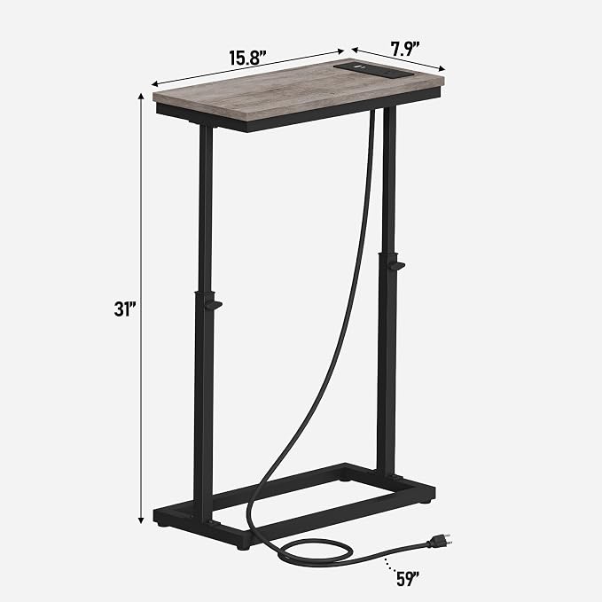 TUTOTAK End Table with Charging Station, Side Table, Tall Couch Table, Sofa Table, Living Room, Bedroom,Greige TB01BG084