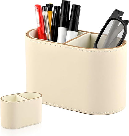 PU Leather Desk Organizer & Pen Holder - 2-Compartment Small Pencil Cup, Remote Control Caddy, and Makeup Brush Storage for Office, Home, and School Supplies