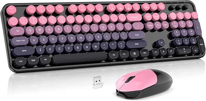Wireless Keyboard and Mouse Combo, MOWUX Full Size Typewriter Retro Round Computer Keyboard, Cute Optical Mouse Wireless, Plug and Play, for Laptop, PC, Computer- Plum Pink Gradient