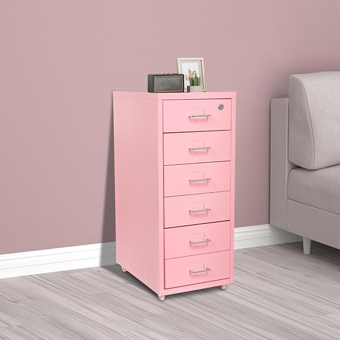 6 Drawer Vertical File Cabinet with Lock, Metal Movable Office Storage Cabinet, Under-Desk File Cabinet with Wheels, for Home Office Use (Pink)