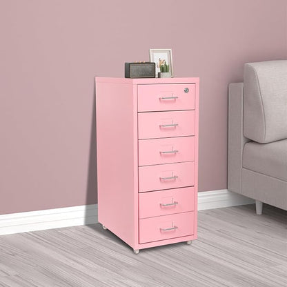6 Drawer Vertical File Cabinet with Lock, Metal Movable Office Storage Cabinet, Under-Desk File Cabinet with Wheels, for Home Office Use (Pink)