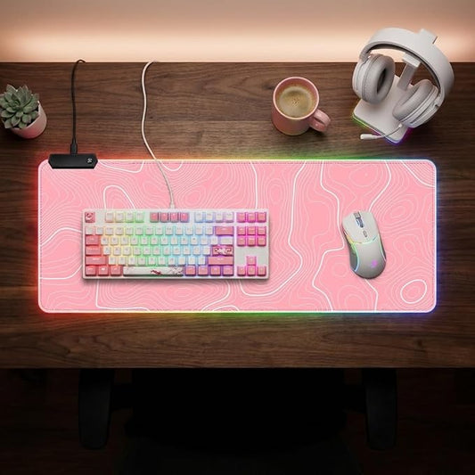 Pink RGB Mouse Pad LED Desk Mat Large Gaming Mousepad Pink and White Line Design, Keyboard Pad XL Mouse Mat for Home and Office