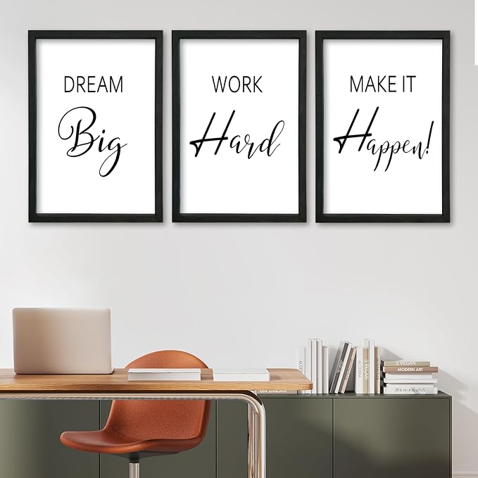 Motivational Wall Art for Office Decor 11x16–Wood Frame Set of 3, Dream Big | Work Hard Make It Happen Sign，Home Office，Black Frame