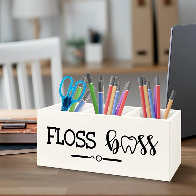 Dentist Dental Hygienist Gifts Wooden Pen Pencil Holder for Office Desk Accessories, Funny Dental Gifts, Floss Boss Makeup Brush Toothbrush Holder Organizer for Bathroom