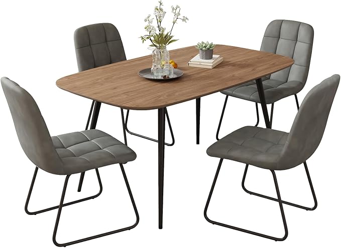 HIPIHOM 47.2'' Dining Table Set for 4,Modern Wood Dining Table,Leather Dining Chairs 4,Table and Chairs Set of 4,Ideal for Kitchen Dining Room (Walnut Color Table + 4 U-Shaped Gray Chairs, 47.2")