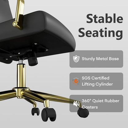 Black and Gold Office Desk Chair Memory Foam, High Back Leather Executive Office Chair with Wheels and Arms for Women Girls Teens Adults