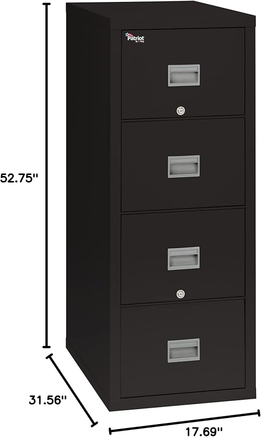 FireKing Patriot Vertical 4 Drawer Legal & Letter Fire Safe File Cabinet, Key Lock, 1 Hour Fire Rated UL Rated & Water Resistant, USA Made, Black