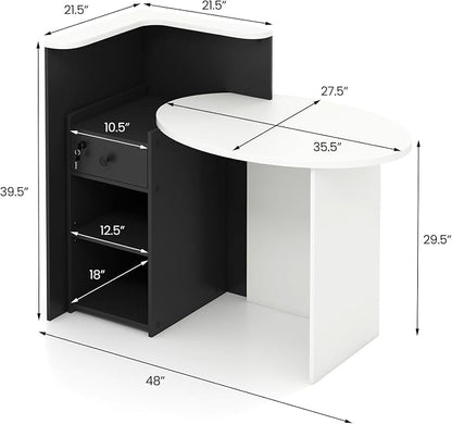 Tangkula Reception Desk, Front Counter Desk with Lockable Drawer & Adjustable Shelf, Oval Desktop, Retail Counter for Checkout, Computer Workstation for Salon Lobby Office, Home Office Desk