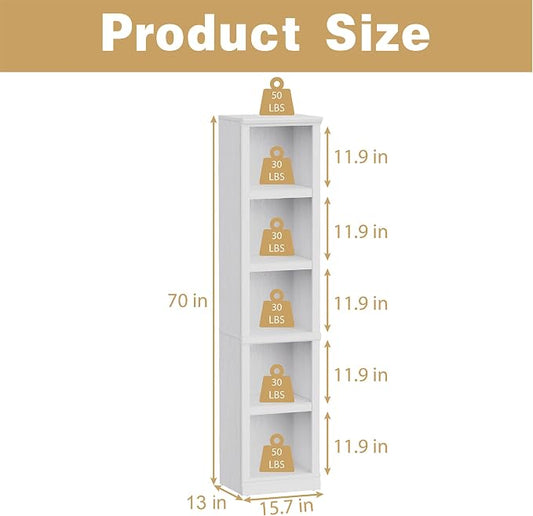 blini 5-Shelf Narrow Bookcase White Wooden Tall Bookshelves Floor Standing Display Storage Shelves Vintage Oak Bookcase for Home Office, Living Room, Bed Room
