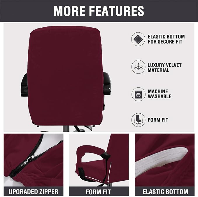 Velvet Plush Office Desk Chair Cover, Wine Red, XL | Wide Large, Cat Proof Stretchable Protector, For Ergonomic Desk Chair with Wheels and Armrests, Comfy Mesh Executive Chair