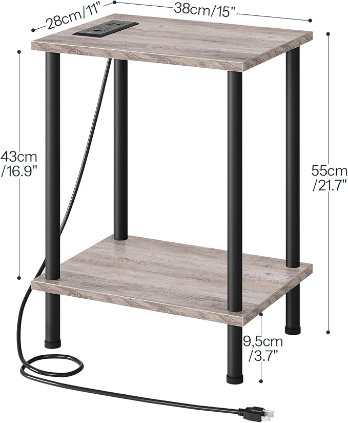 HOOBRO Side Table with Charging Station, Set of 2 End Tables with USB Port and Outlets, Nightstand with 2-Layer Storage Shelves for Small Spaces, Living Room, Bedroom, Greige and Black BG09UBZP201