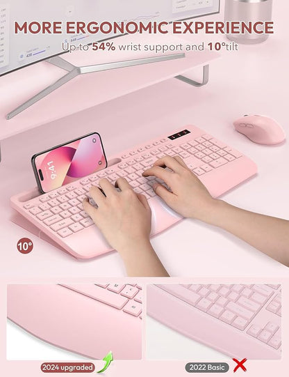 Wireless Keyboard and Mouse, Wrist Rest, Phone Holder, Batteries Included, 2.4G Lag-Free Ergonomic Keyboards Mouse Combo, KM23D Silent Keyboards Set for Computer, Laptop, PC, Windows, Pink -SABLUTE
