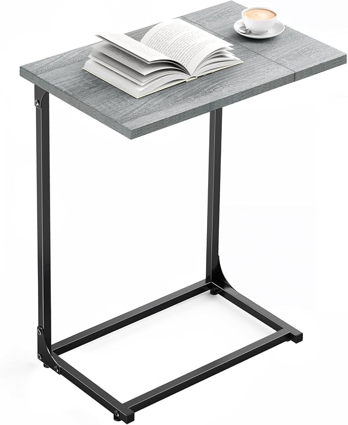 Pipishell C-Shaped Side Table, C Table for Sofa with Two-Piece Desktop & Metal Frame, Large Surface End Table for Living Room, Bedroom, Bedside, Rustic Design, Grey