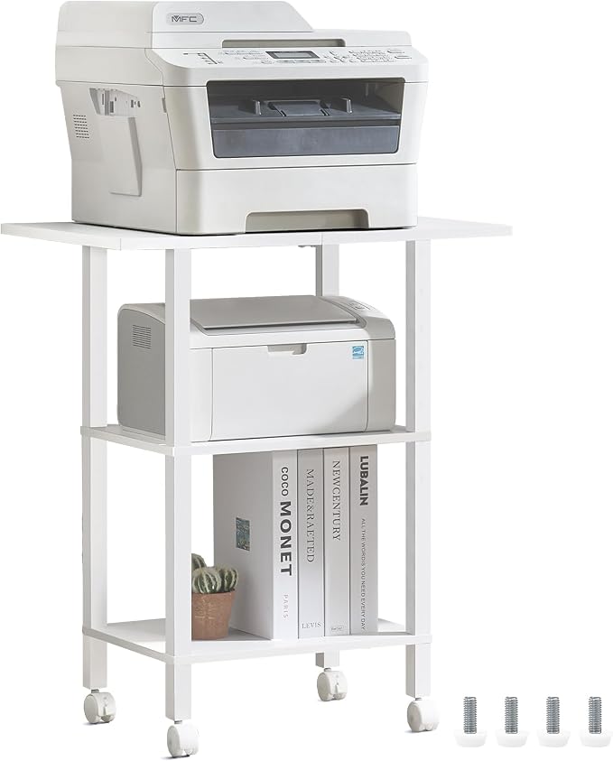 YUFAM White 3 Tier Home Printer Stand with Storage, Wooden Mobile Printer Table Shelf, Rolling Printer Cart Shelf with Lockable Wheels fit Fax Machine, Scanner