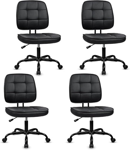 CLATINA Home Office Chair No Arms with Wheels, Armless Small Leather Ergonomic Low Back Desk Chairs Adjustable Height 360° Swivel Rolling Computer Task Chair for Work Conference Room, Black, 4 Pack