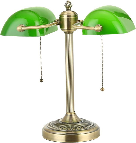 Green Double Head Glass Bankers Desk Lamp,Plug in | Pull Chain Switch Fixture for Library Office Cafe