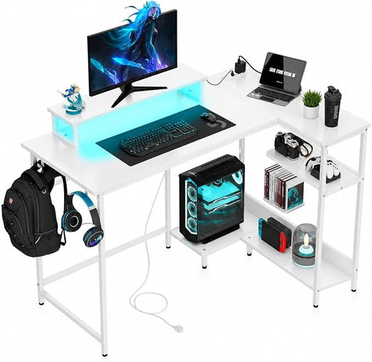 DEVAISE 47" L Shaped Gaming Desk with LED Lights and Power Outlets - Spacious Corner Computer Table with Monitor Stand and Storage Shelves for Work and Gaming, White