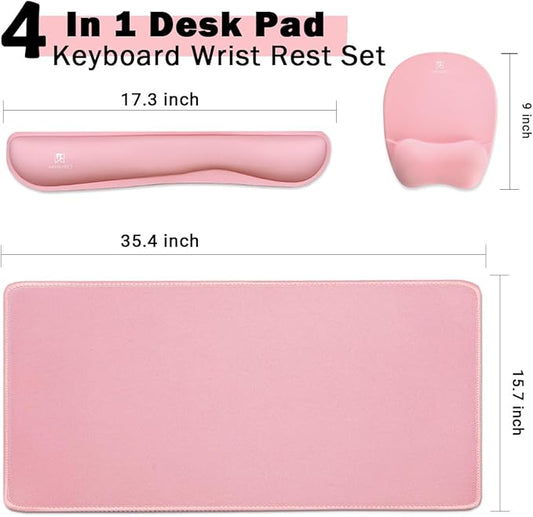 Keyboard Wrist Rest Large Mouse Pad Wrist Support for Computer, 4 in 1 Memory Foam Keyboard Pad Desk Mat Ergonomic Hand Rest Wrist Cushion for Home Office Gaming-Pink