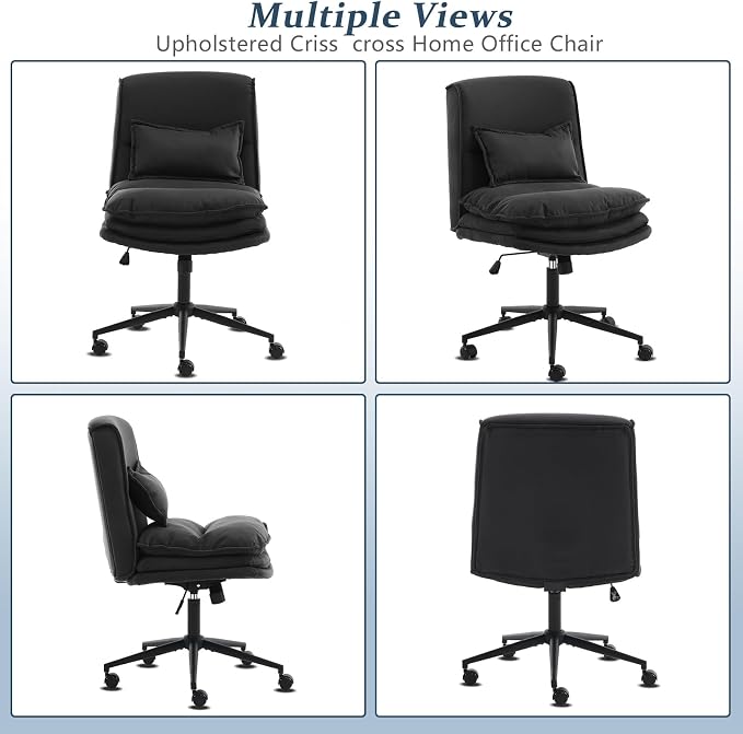 VINGLI Cloud Criss Cross Legged Chair,18" High Back Armless Home Office Desk Chair with Wheels,Wide Adjustable Comfy Padded Seat Task Computer Chair,Modern Swivel Makeup Vanity Chair,Microfiber,Black
