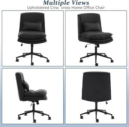 VINGLI Cloud Criss Cross Legged Chair,18" High Back Armless Home Office Desk Chair with Wheels,Wide Adjustable Comfy Padded Seat Task Computer Chair,Modern Swivel Makeup Vanity Chair,Microfiber,Black