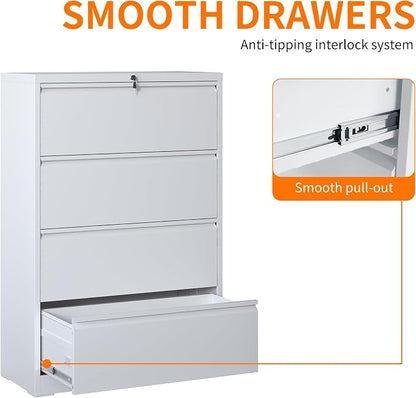 Locking Filing Cabinet with 4 Drawer Heavy Duty Large Metal Cabinet Home Office White Lateral File Cabinets Wide Steel Cabinets for Legal/Letter Size File,Assembly Required