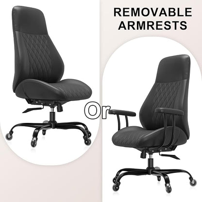 E-Ser Leather Desk Chair, Mid Century Modern Office Chair, Grey | Lumbar Support, Ergonomic, 360° Swivel, Rubber Rolling Wheels, Adjustable Height, for Adults