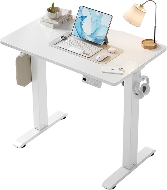 YDN 32" Small Electric Standing Desk Adjustable Height, Sit Stand up Desk with Memory Presets & Cable Management, Home Office Desk for Office & Computer Workstation, White Frame/White Top