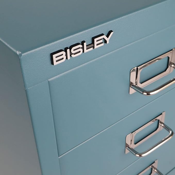 Bisley 3-Drawer Steel MultiDrawer Cabinet - Doulton Blue | Chrome Pull Handles with Label Holders, Powder-Coated Steel, Removable Drawers, Desktop Storage, Labels Included