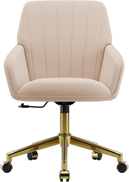 YISHENG Velvet Office Desk Chair with Gold Base, with Wheels,Modern Height Adjustable 360 Degree Swivel Upholstered Vanity Chairs with Arms for Living Room Bedroom,Khaki