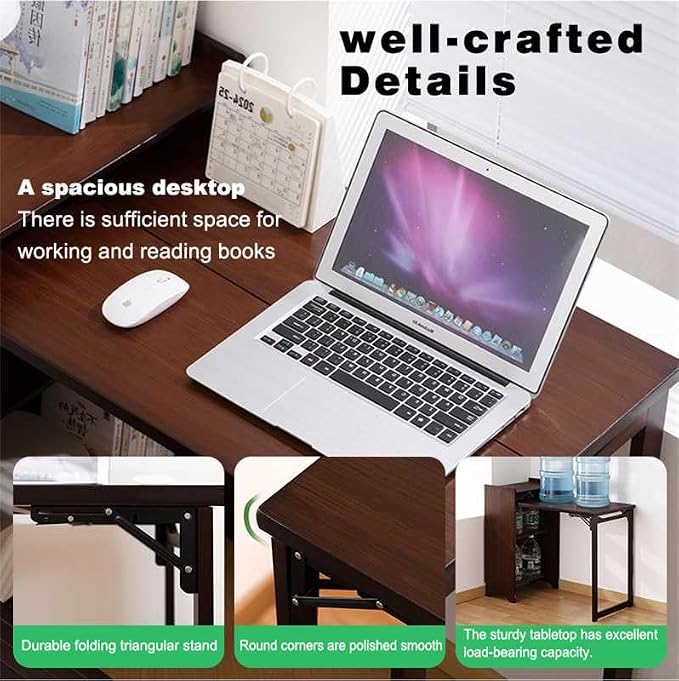 Folding Out Desk with Storage, Expandable Hidden Desk, Space-Saving Pull Out Murphy Table, Writing Table with Shelves and Mobile Wheels for Home Office, Bedroom Dorm Room Small Spaces (Walnut)