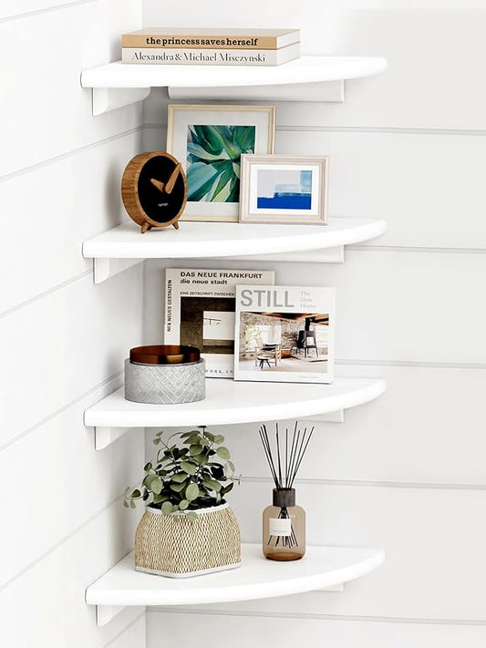 Forbena White Corner Floating Shelves for Wall Set of 4, Rounded Corner Shelves Wall Mounted for Kids Bedroom Books, Cute Wood Hanging Corner Shelf for Bathroom Decor, Living Room, Small Spaces
