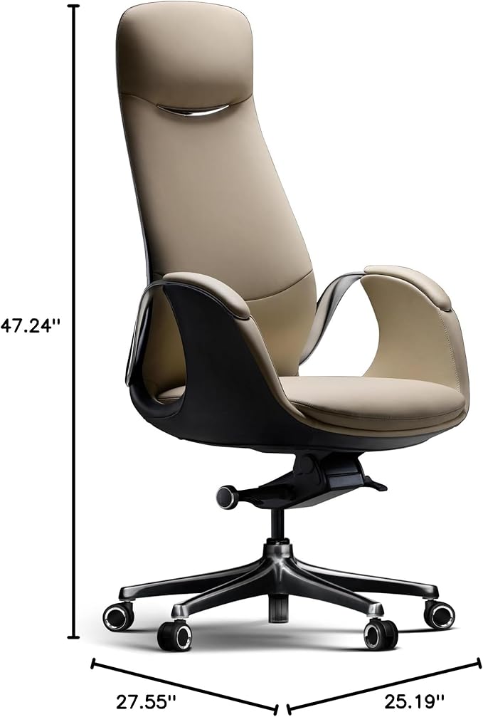 TOMU Genuine Top Grain Leather Office Chair Cream, Ergonomic Executive Chair High Back for Long Hours,Big and Tall Luxury Office Chair with Wheels, Aluminum Base and Armrest (Cream)
