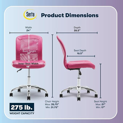 Serta Essential Armless Task Chair, Small Desk Chairs with Wheels, Breathable Mesh Back and Faux Leather, Quality Foam Cushion Seat for Comfort, Minimal Design for Vanity Table, Pink