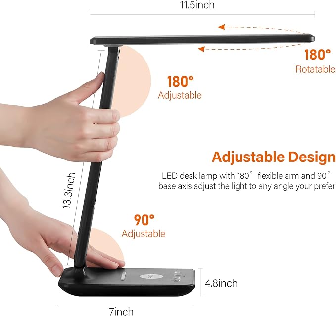 LED Desk Lamp with Wireless Charger, USB Charging Port, Table Lamp with Clock, Alarm, Date, Temperature, Desk Lamps for Home Office,Black