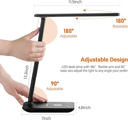 LED Desk Lamp with Wireless Charger, USB Charging Port, Table Lamp with Clock, Alarm, Date, Temperature, Desk Lamps for Home Office,Black