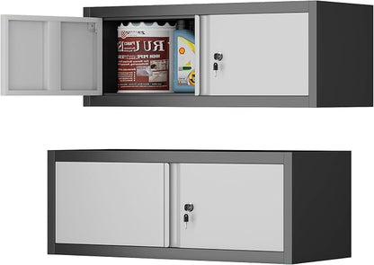 IRONFFICE Metal Wall Cabinet with Doors,Garage Storage Cabinet Wall Mounted,Lockable Cabinets for Home Office,Garage,Warehouse,Grey-Black