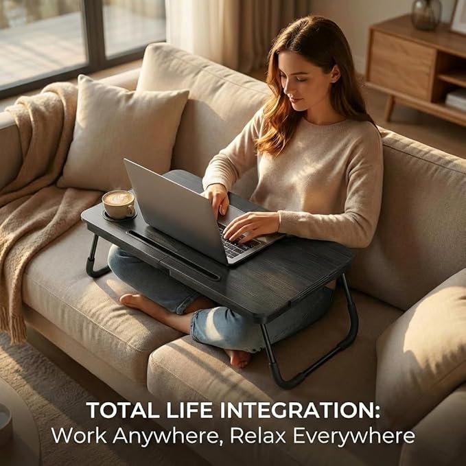 BUYIFY Foldable Laptop Bed Desk for Couch, Sofa - Large Lap Desk Tray Table with Cup Holder and Tablet Slot - Portable Notebook Stand for Eating, Writing, Studying and WFH -NEW-006-USA Original Patent