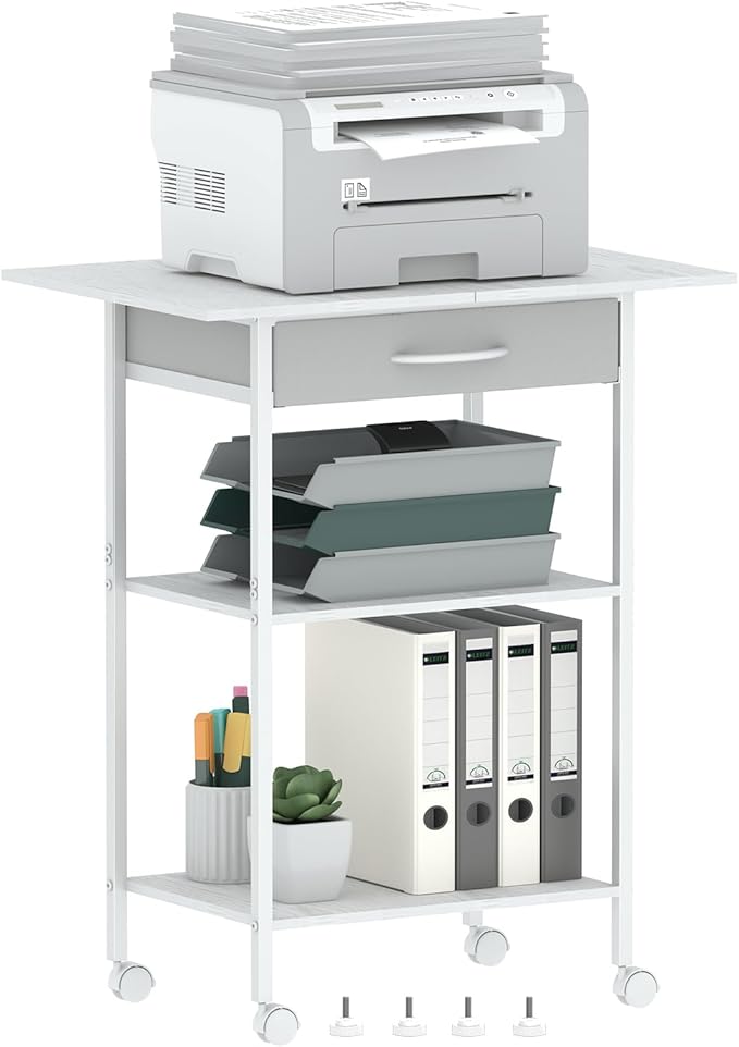 Arbuxzuy 3-Tier Printer Stand, Printer Table with Fabric Drawer, Industrial Printer Storage Cart with Wheels, Rolling Printer Stand for Heat Press Scanner Fax, White