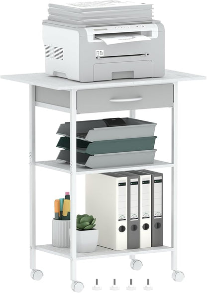 Arbuxzuy 3-Tier Printer Stand, Printer Table with Fabric Drawer, Industrial Printer Storage Cart with Wheels, Rolling Printer Stand for Heat Press Scanner Fax, White