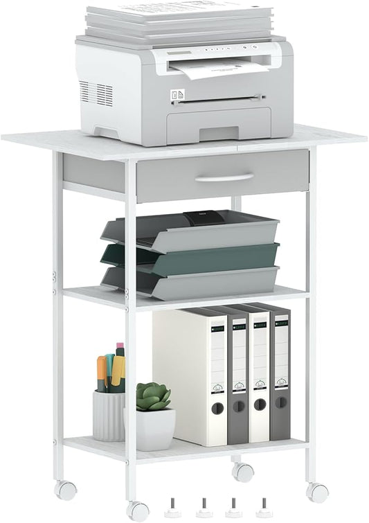 Arbuxzuy 3-Tier Printer Stand, Printer Table with Fabric Drawer, Industrial Printer Storage Cart with Wheels, Rolling Printer Stand for Heat Press Scanner Fax, White