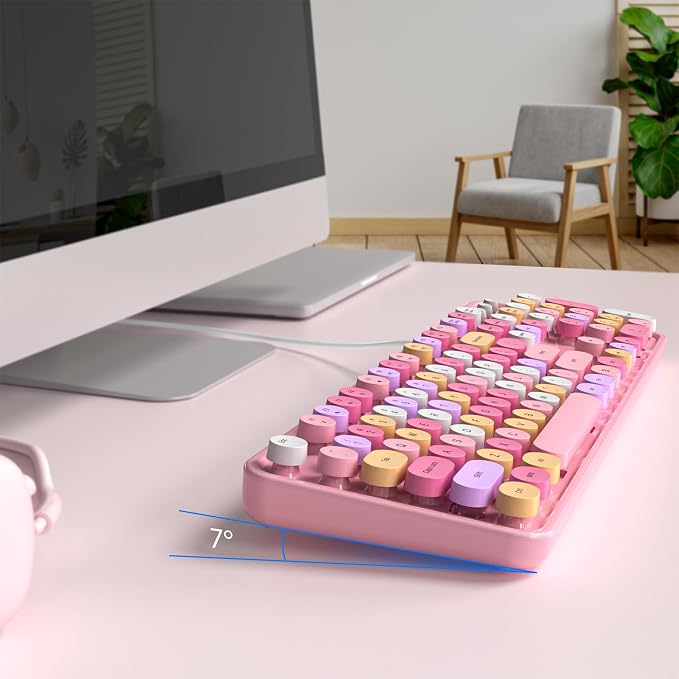 MOWUX Computer Keyboard Wired, Plug and Play USB Retro Round Typewriter Keyboard, Full Size Wired Keyboard with Foldable Stands for Laptop and Office PC- Pink Colorful