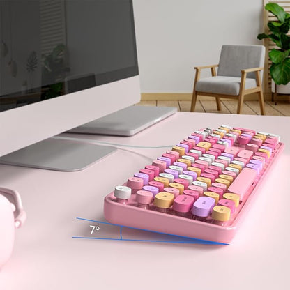 MOWUX Computer Keyboard Wired, Plug and Play USB Retro Round Typewriter Keyboard, Full Size Wired Keyboard with Foldable Stands for Laptop and Office PC- Pink Colorful