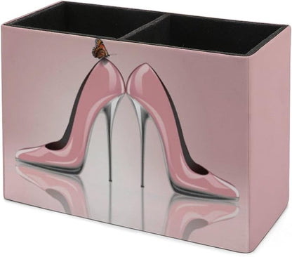 Pen Holder, Pencil Holder for Desk Organizer, Pink High Heel Shoes Butterfly PU Leather Pencil Cups Desktop Stationery Storage Makeup Brush Holder Pen Organizer for Office Home