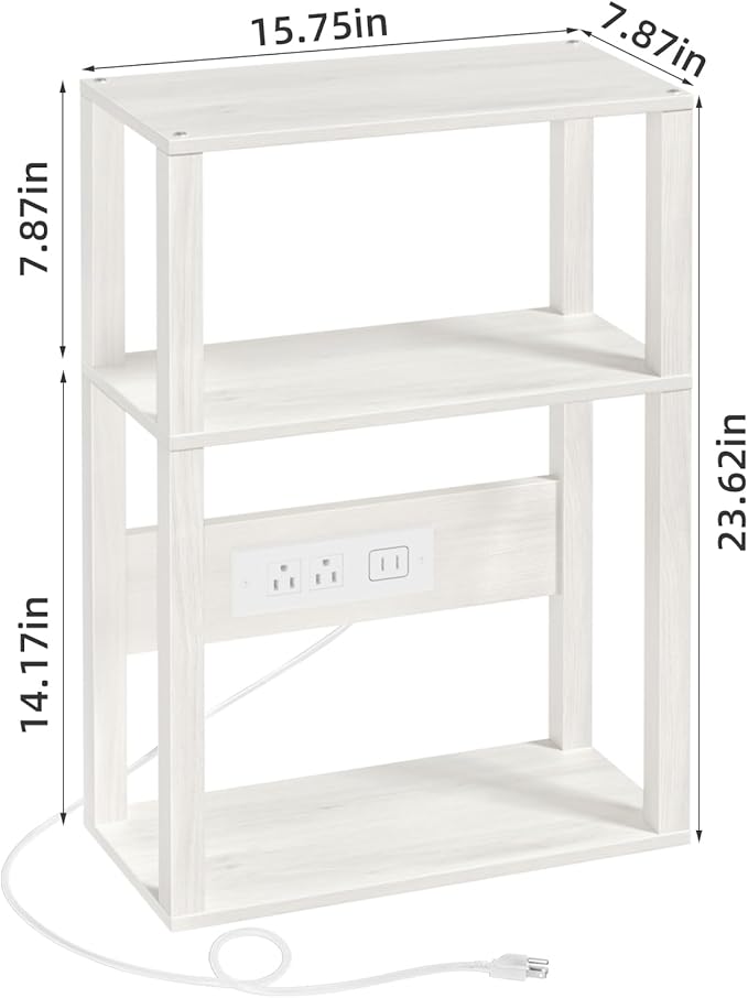 YUFAM 3-Tier Small Narrow Wood Side Table with Charging Station, Skinny Nightstand for Small Space, Slim Bedside Table with Storage for Couch, Thin End Table with USB Ports and Outlets, Grey White