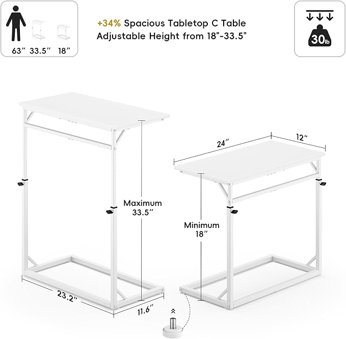 Vagusicc C Shaped End Table, Tall Side Table for Couch, C-Table End Table Adjustable Height Side Table, Large Surface Sofa Table TV Tray, Slide Under Couch Table for Sofa, Living Room, Bedroom, White