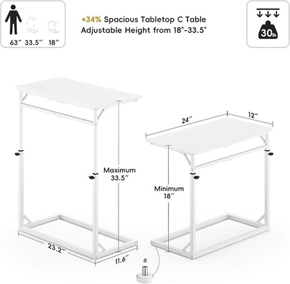 Vagusicc C Shaped End Table, Tall Side Table for Couch, C-Table End Table Adjustable Height Side Table, Large Surface Sofa Table TV Tray, Slide Under Couch Table for Sofa, Living Room, Bedroom, White