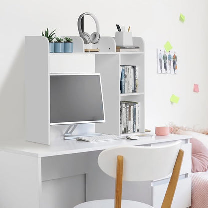 Desk Hutch Dorm White, 3-Tire Wood Desk Shelf Storage Organizer for Office Home
