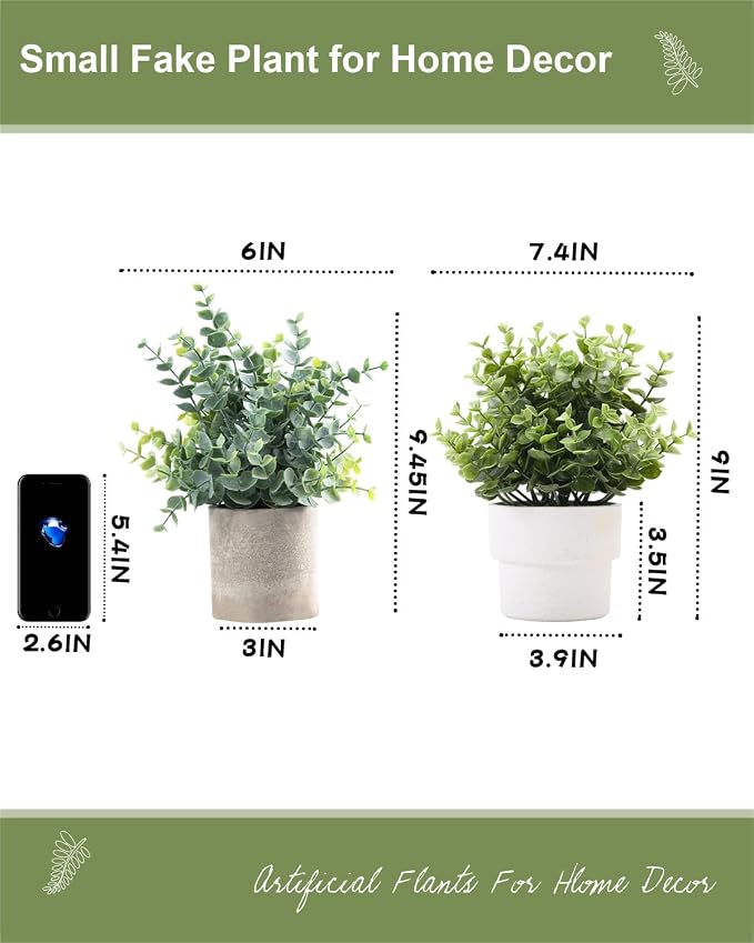 Coferset Small Fake Plants 7.45” Eucalyptus Potted Artificial Eucalyptus Plant for Bedroom Kitchen House Living Room Shelves Farmhouse Table Office Desk Bathroom Home Indoor Decor (Green)